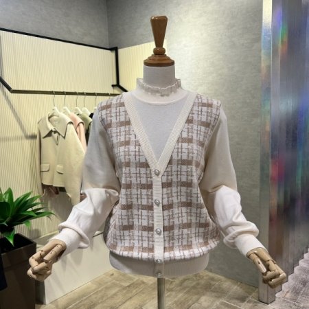 체크 배색 프릴넥 레이어드 니트