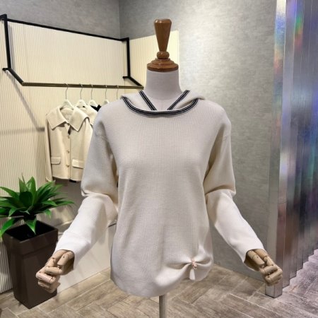 배색 라인 후드 니트