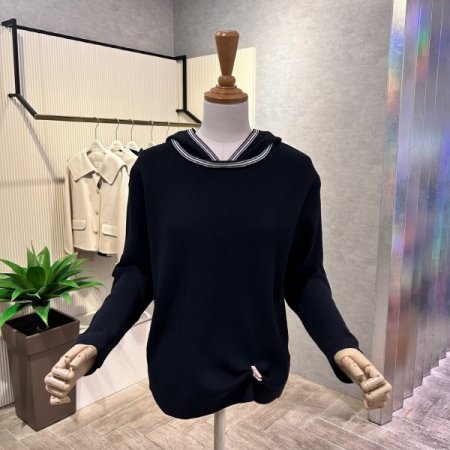 배색 라인 후드 니트