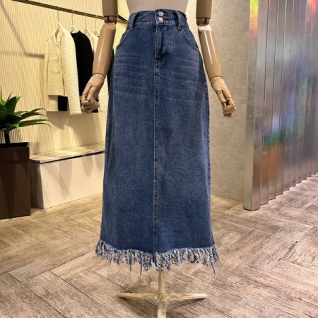 백 밴딩 수술단 데님 롱 스커트