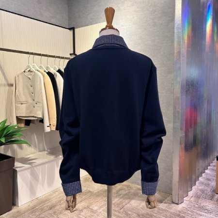 체크 셔츠 카라 소매 배색 니트