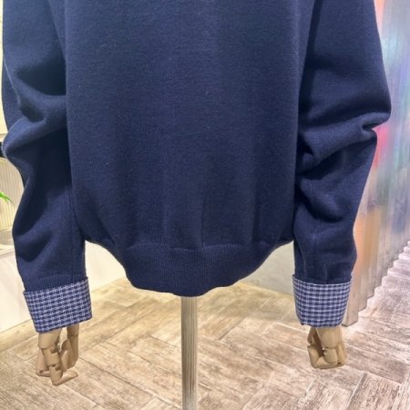 체크 셔츠 카라 소매 배색 니트