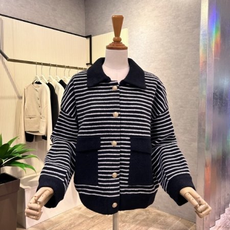 배색 라인 포켓 카라 가디건