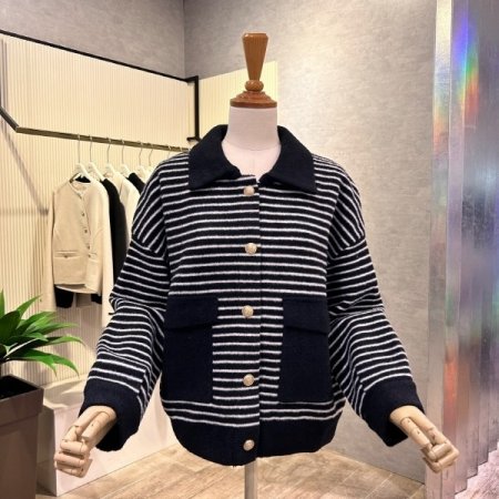 포켓 카라 배색 라인 가디건