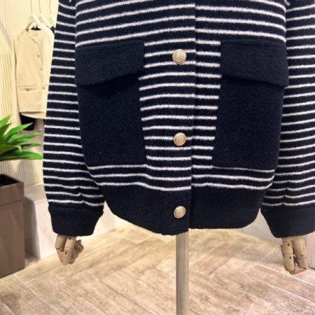 포켓 카라 배색 라인 가디건