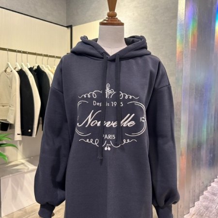 기모 후드 자수 레터링 롱 원피스