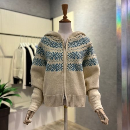 패턴 배색 집업 후드 가디건