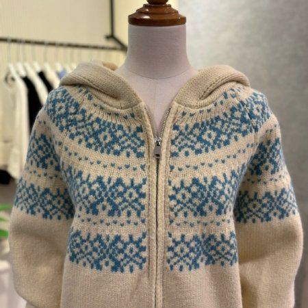 패턴 배색 집업 후드 가디건