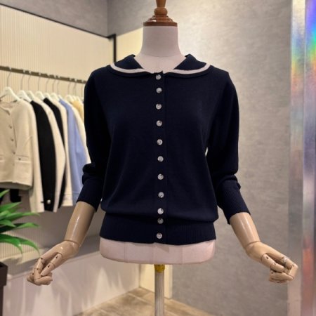 라운드 배색 카라 가디건