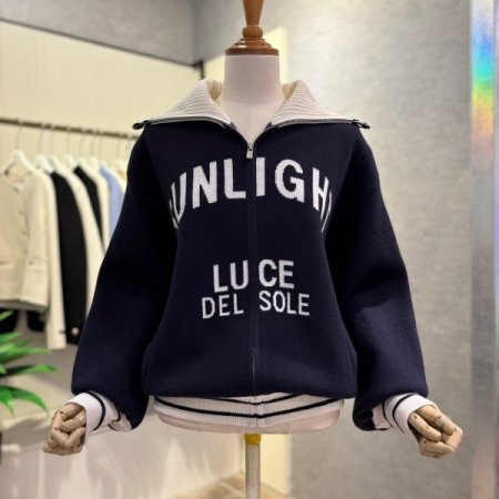 배색 집업 하이넥 가디건