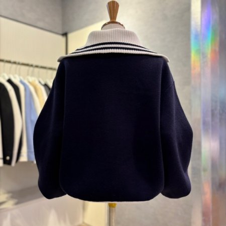 배색 집업 하이넥 가디건