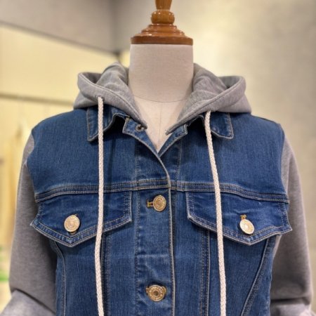 소매 배색 후드 데님 자켓