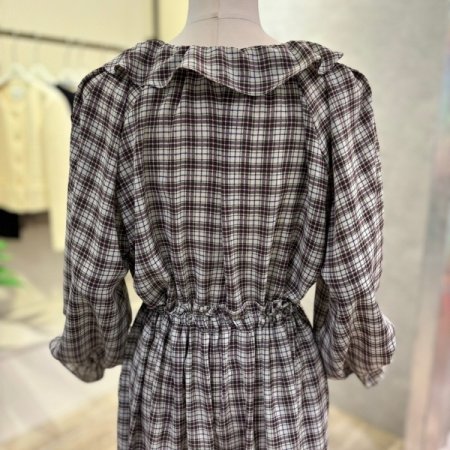 프릴 라인 체크 롱 원피스