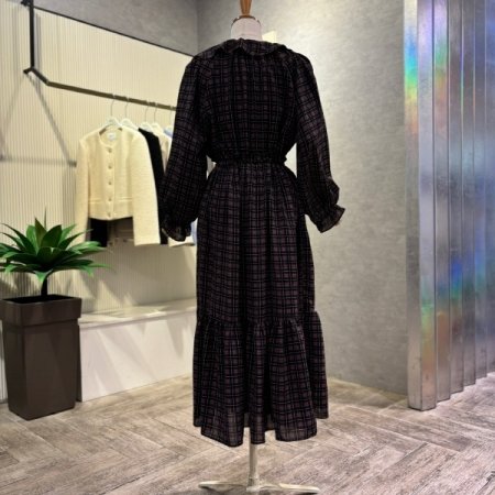 체크 프릴 카라 롱 원피스