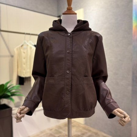 페이크 레더 라이더 후드 재킷