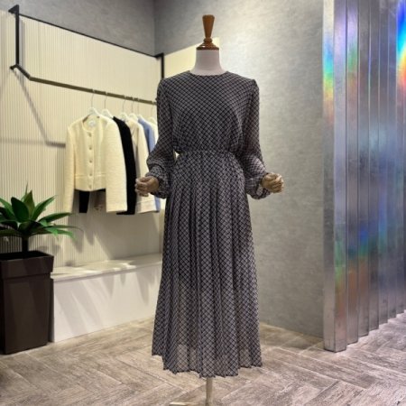 체크 플리츠 시폰 롱 원피스