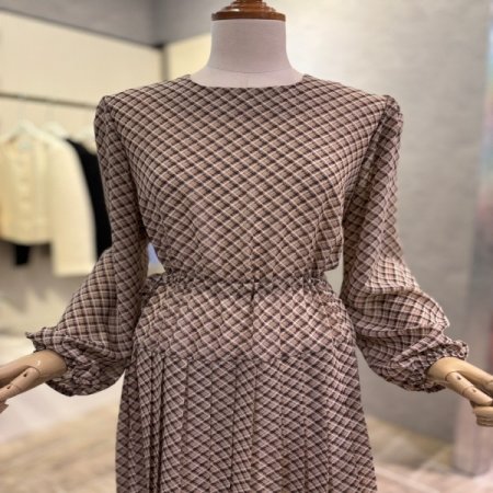 체크 플리츠 시폰 롱 원피스