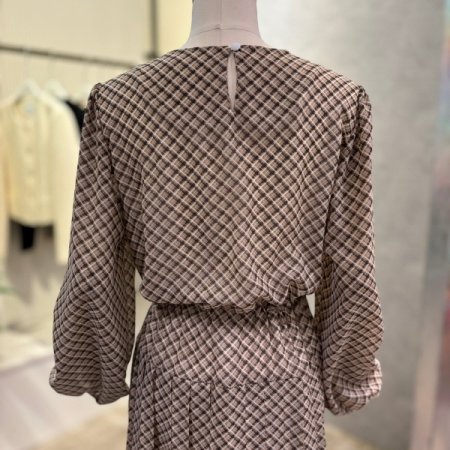 체크 플리츠 시폰 롱 원피스