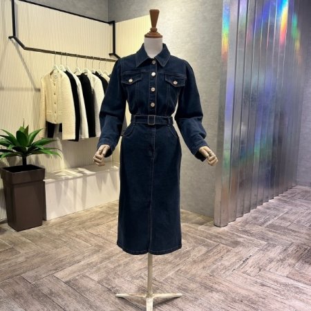 백 밴딩 벨티드 데님 롱 원피스