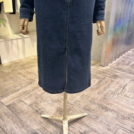 백 밴딩 벨티드 데님 롱 원피스