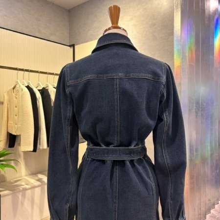 백 밴딩 벨티드 데님 롱 원피스