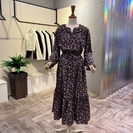 플라워 프릴 카라 롱 원피스