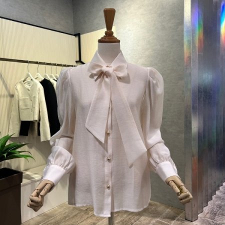 시스루 소매 퍼프 타이 블라우스