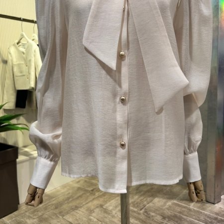 시스루 소매 퍼프 타이 블라우스