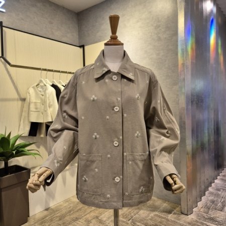 자수 배색 면 카라 재킷