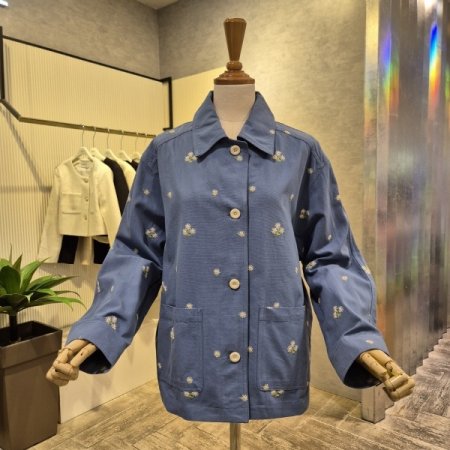 꽃 자수 배색 면 카라 재킷