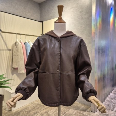 페이크 레더 배색 면 후드 자켓