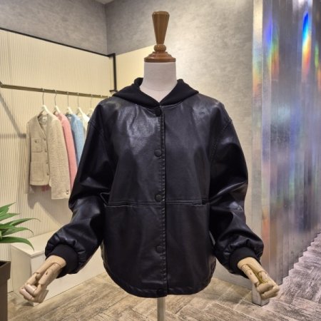 페이크 레더 배색 면 후드 자켓