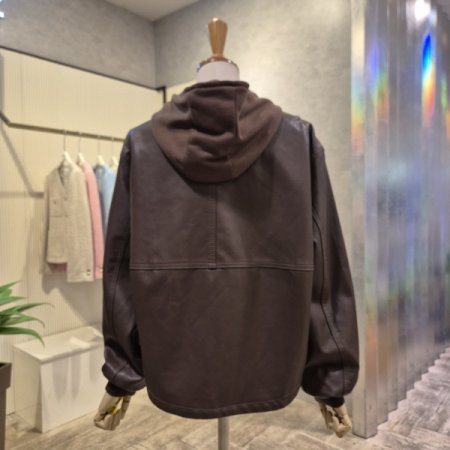 페이크 레더 배색 면 후드 자켓