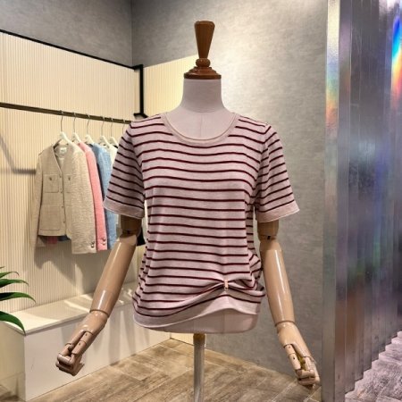 라운드 스트라이프 반팔 니트