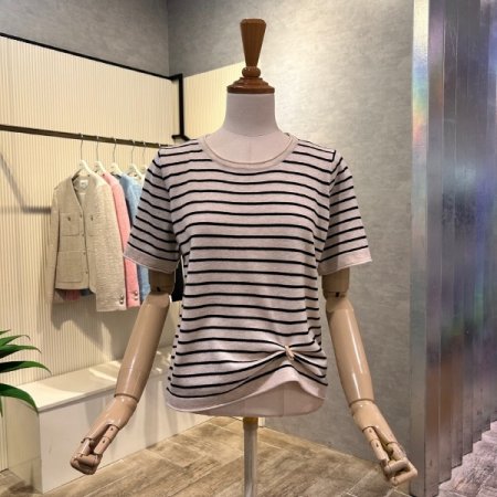 라운드 스트라이프 반팔 니트