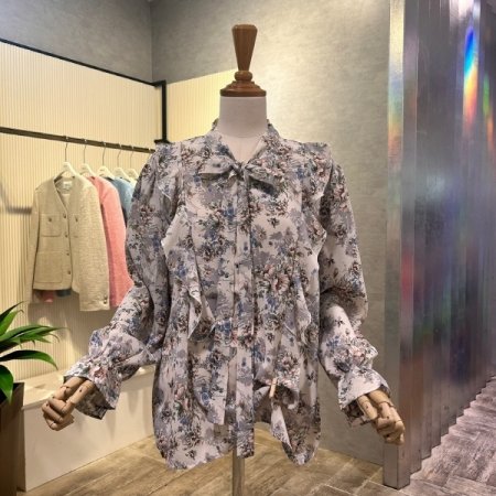 플라워 나염 프릴 블라우스