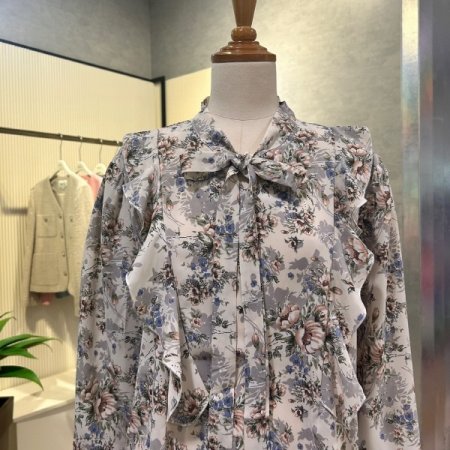 플라워 나염 프릴 블라우스