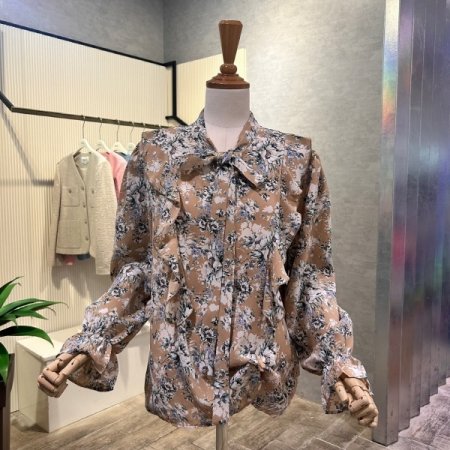 프릴 플라워 나염 블라우스