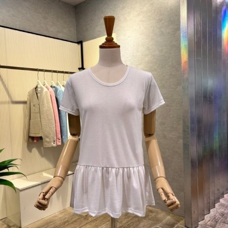 U넥 프릴 반팔 티셔츠