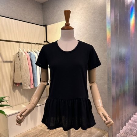 U넥 프릴 반팔 티셔츠