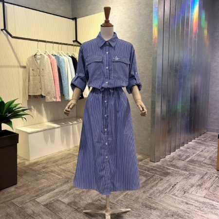 롤업 소매 스트라이프 롱 원피스