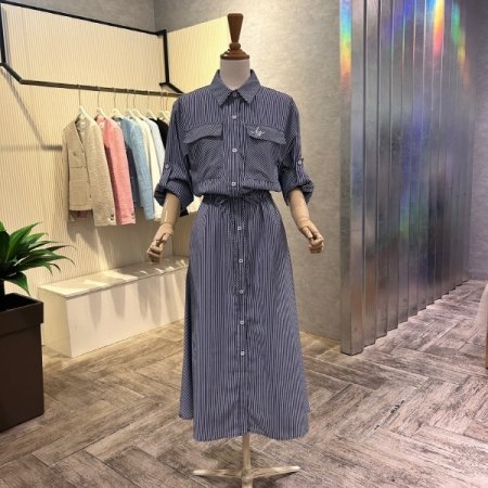 롤업 소매 스트라이프 롱 원피스