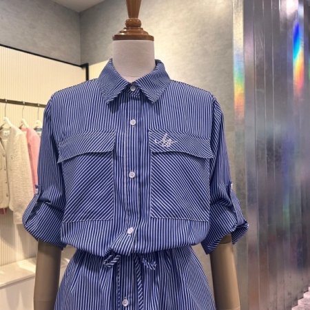 롤업 소매 스트라이프 롱 원피스