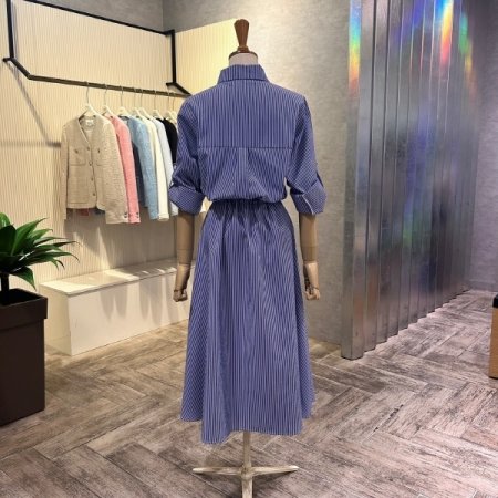 롤업 소매 스트라이프 롱 원피스