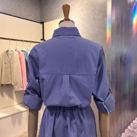 롤업 소매 스트라이프 롱 원피스