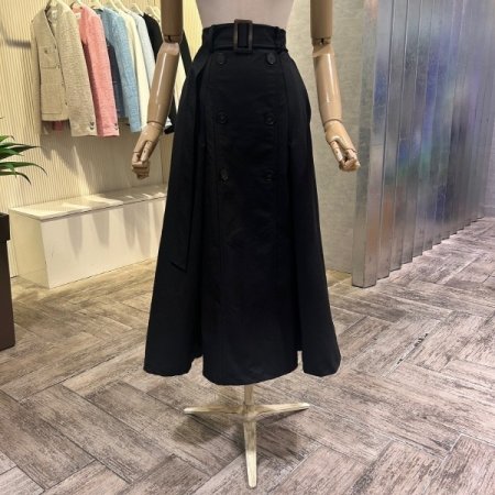 백 밴딩 더블 단추 벨트 롱 스커트