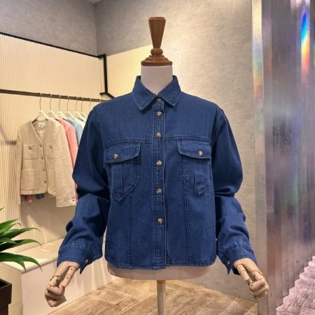 크롭 언발 포켓 데님 셔츠