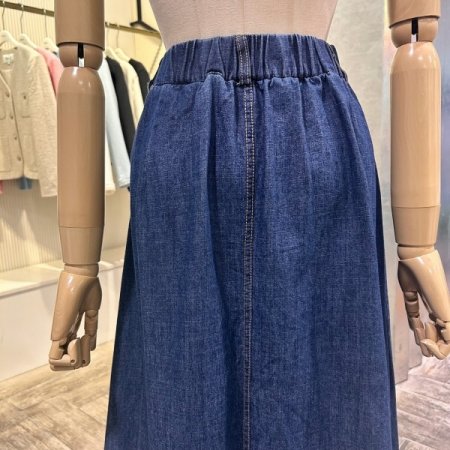 백 밴딩 투턱 데님 롱 스커트