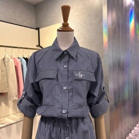 스트라이프 롤업 소매 롱 원피스