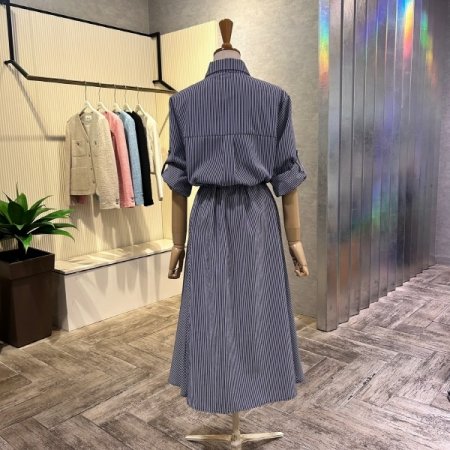 스트라이프 롤업 소매 롱 원피스